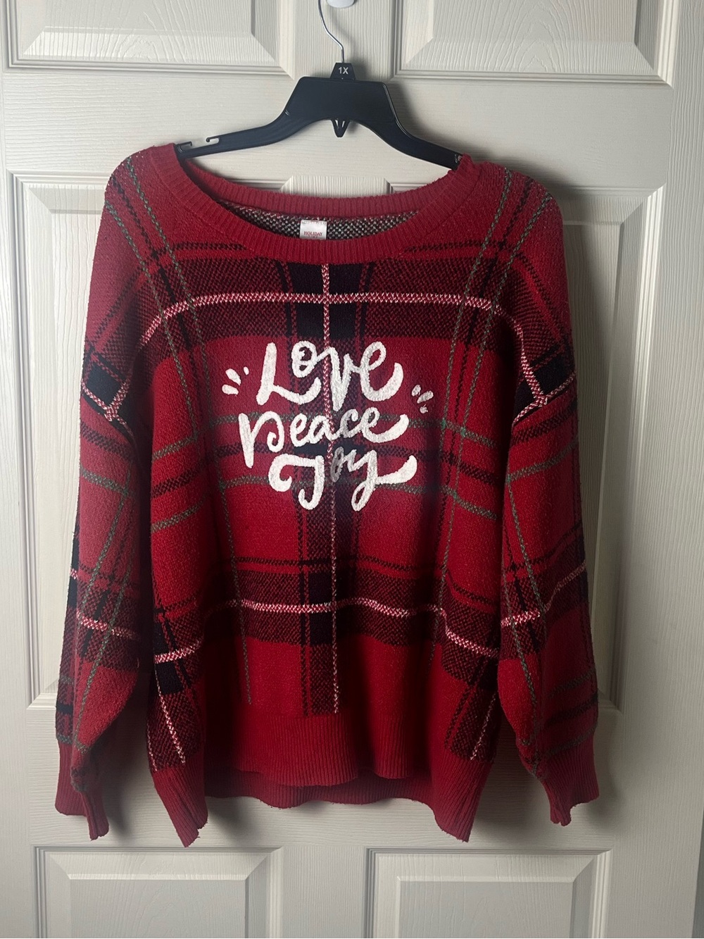 Love Peace Joy Red Plaid Women's Sweater
